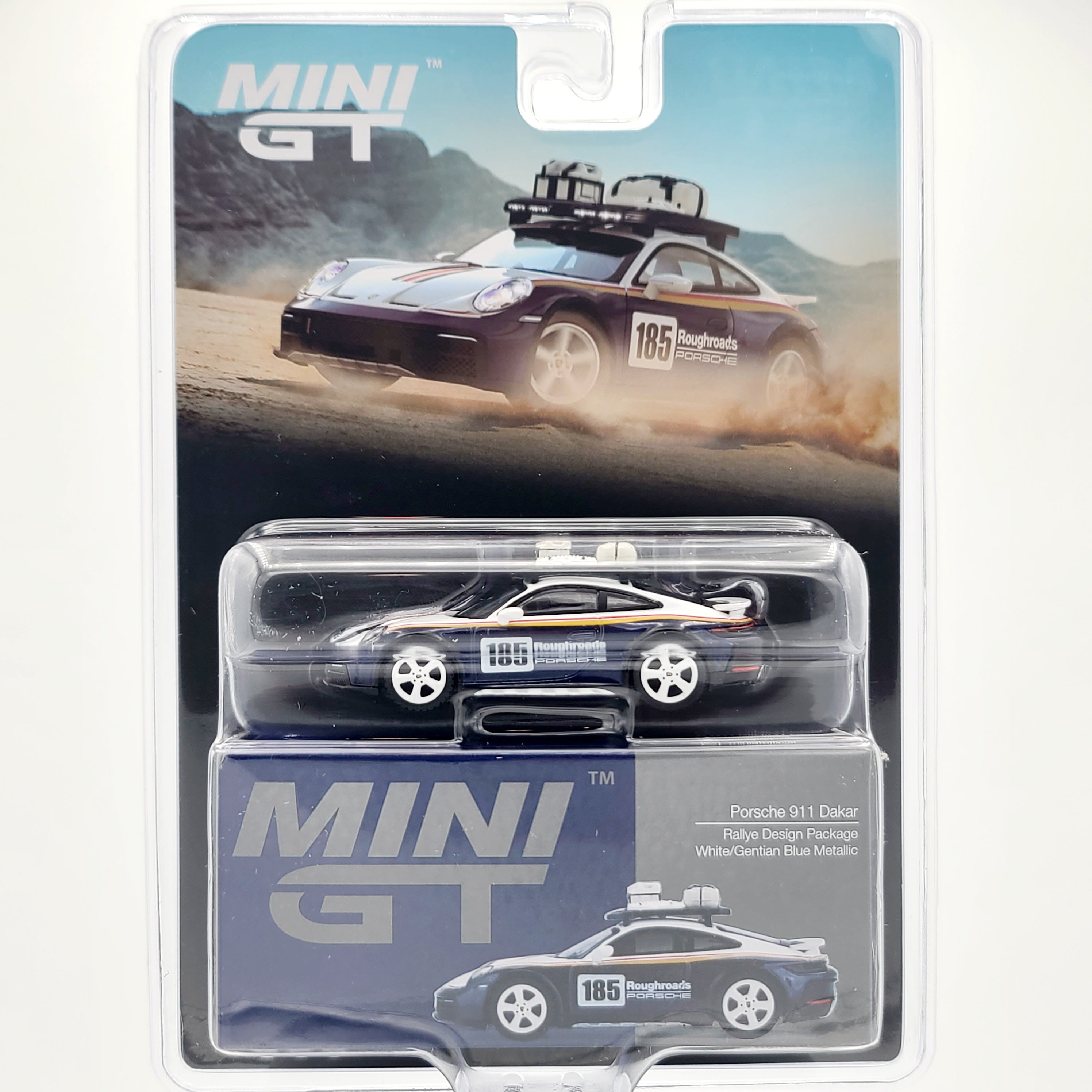 Mini GT Porsche 911 Dakar Rallye Design Package - 1:64 scale, White/Blue (2024 MIJO Exclusives - Limited Edition)
